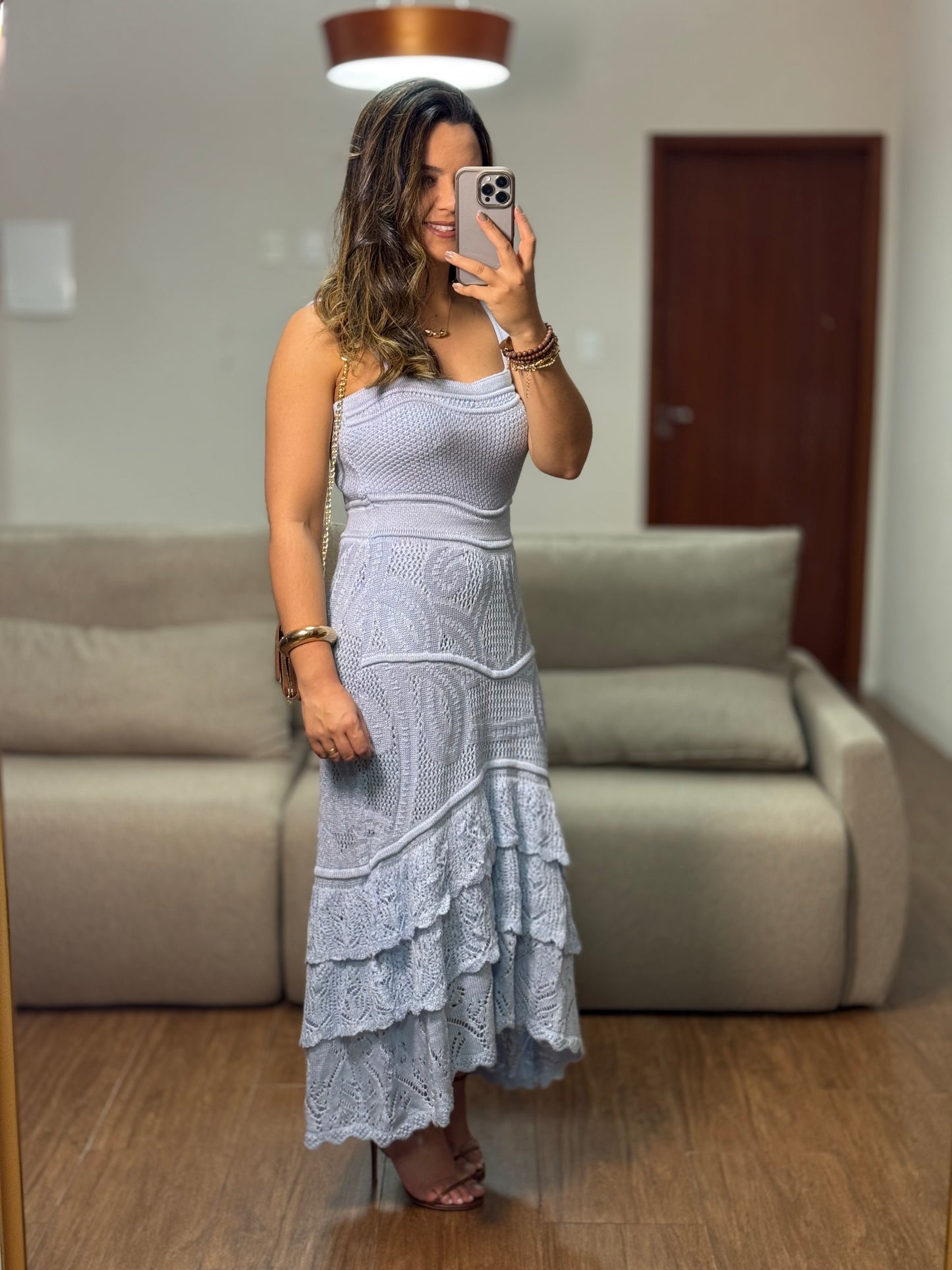 VESTIDO AZUL BABADOS EM TRICÔ