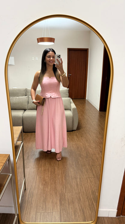 Vestido Serena Rosa Midi com Corpete