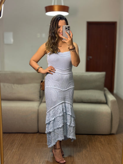 VESTIDO AZUL BABADOS EM TRICÔ