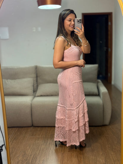 VESTIDO ROSA BABADOS EM TRICÔ