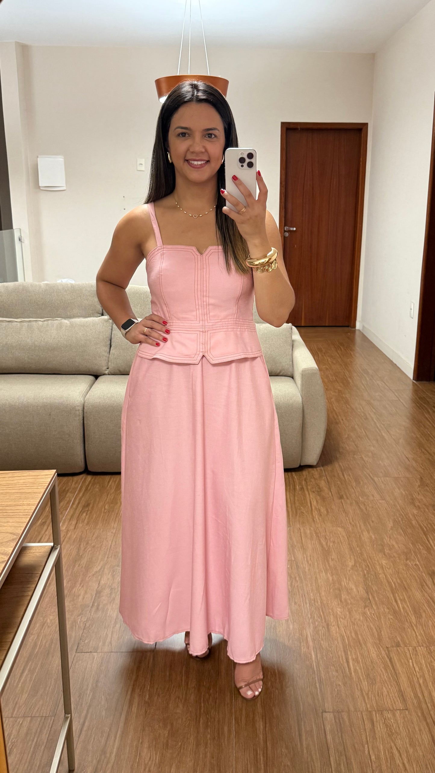 Vestido Serena Rosa Midi com Corpete