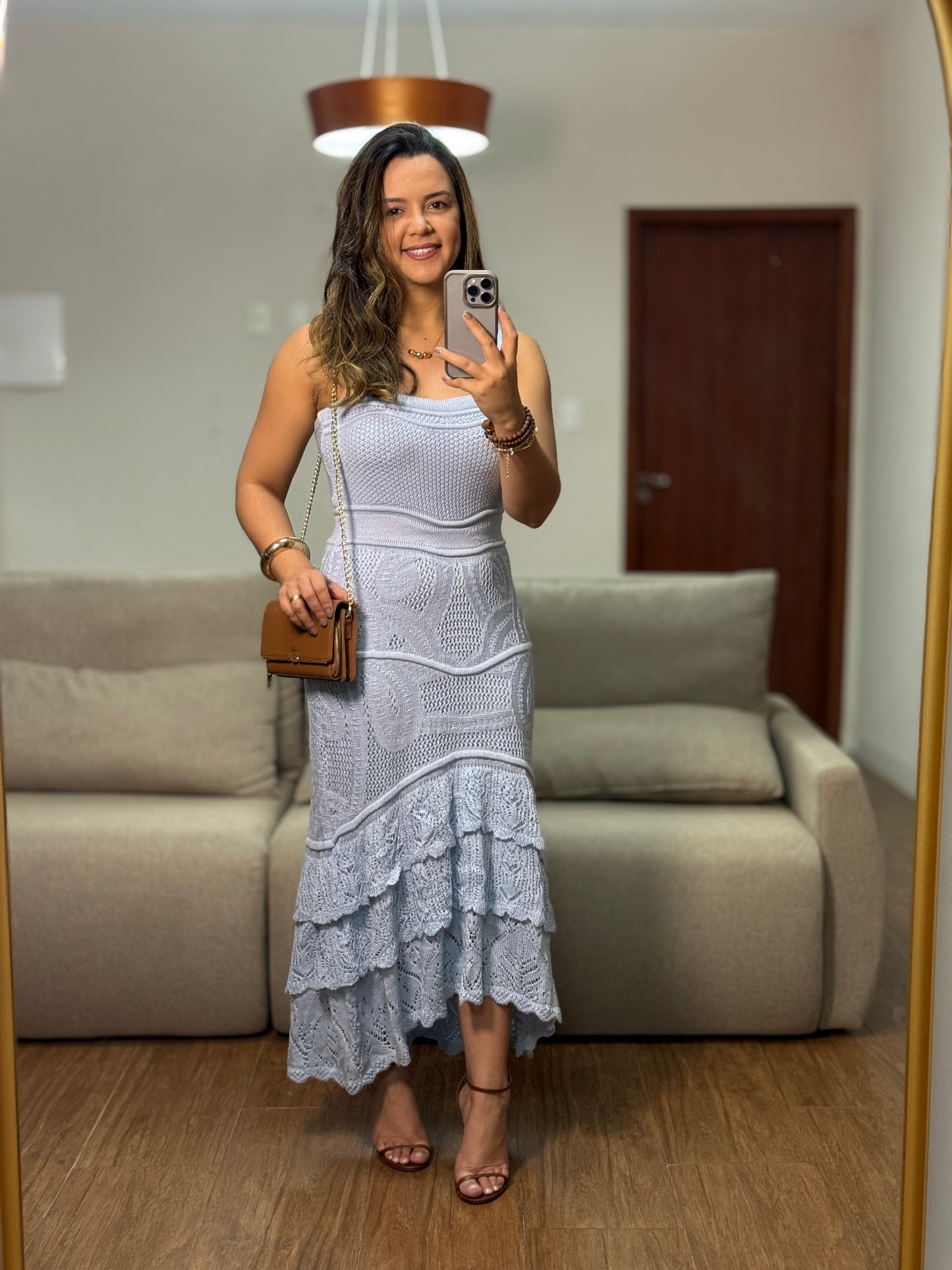 VESTIDO AZUL BABADOS EM TRICÔ