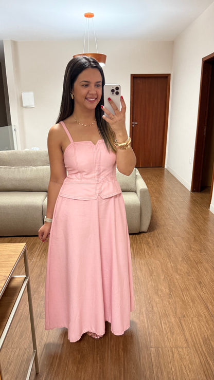 Vestido Serena Rosa Midi com Corpete