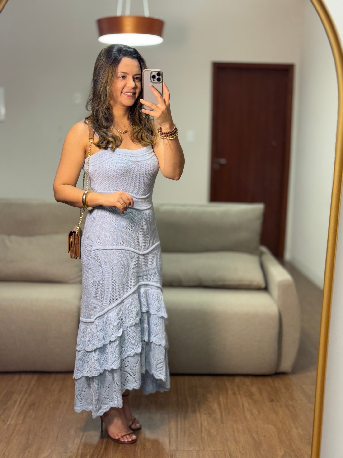 VESTIDO AZUL BABADOS EM TRICÔ
