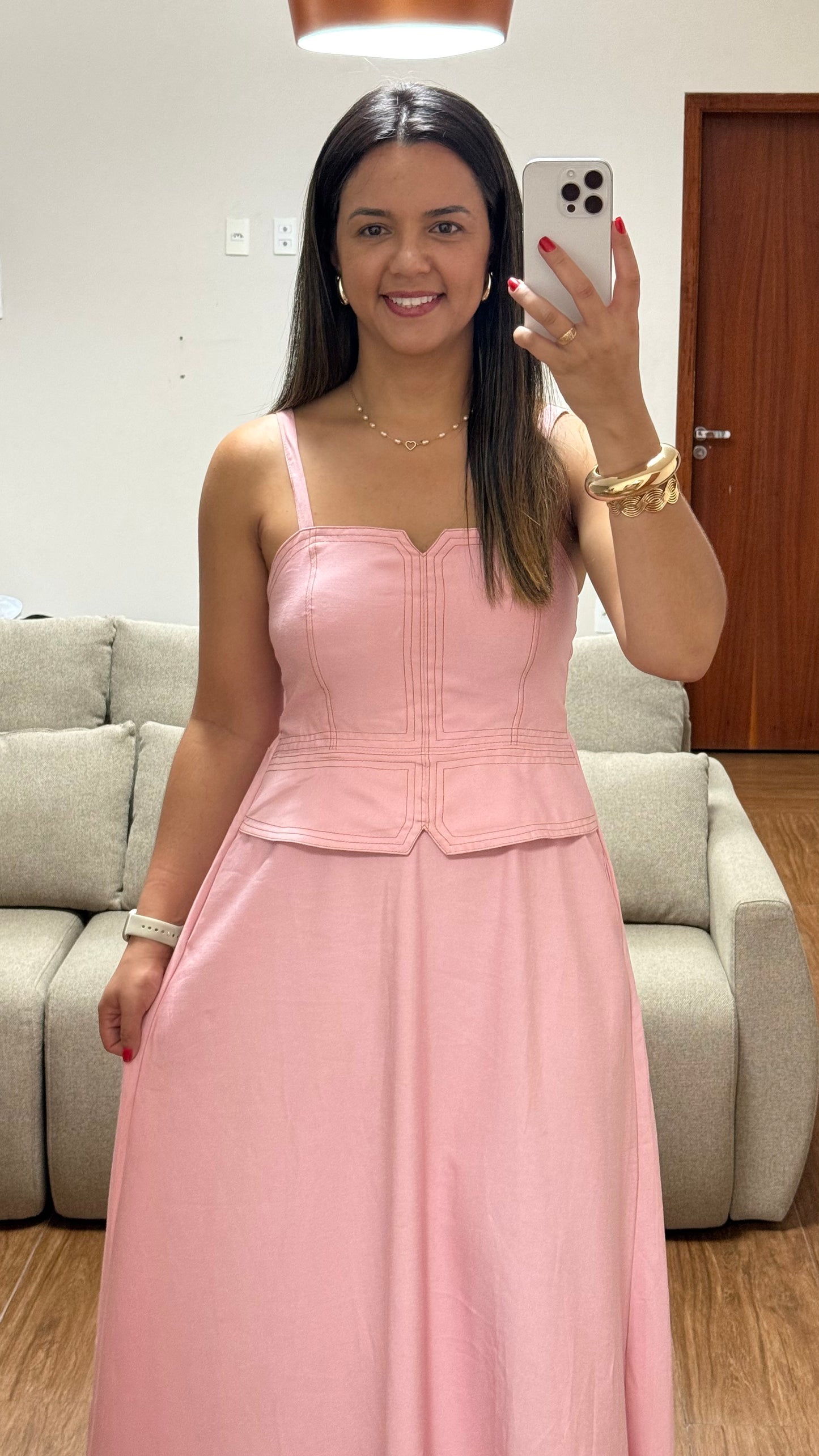 Vestido Serena Rosa Midi com Corpete